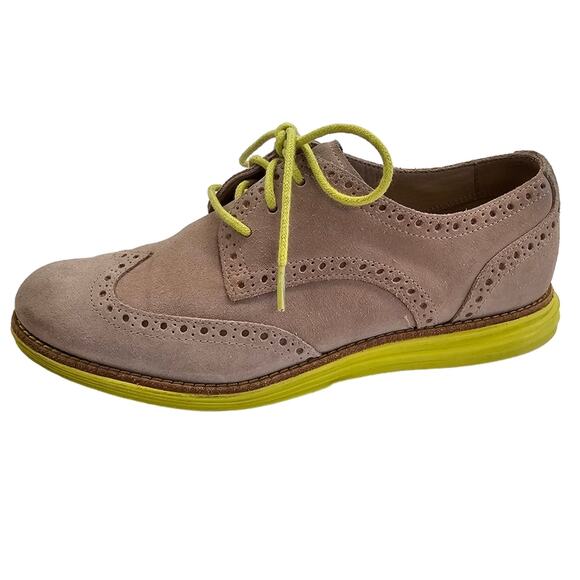 Cole Haan Shoes Womens Size 5.5 Tan Wingtip Oxford Suede Lace Up Chartreuse - Picture 5 of 15